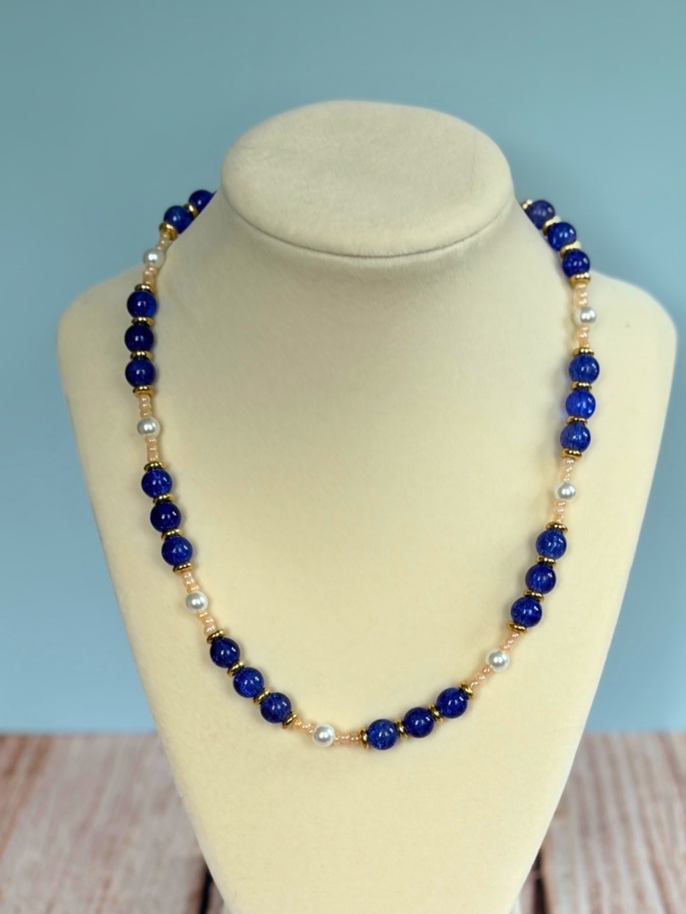 Blue Bead and Pearl Necklace - Elegant Blue and Gold Accent